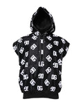 Dolce & gabbana sweat sans manches en coton noir avec capuche en velours noir et logo dg blanc imprimé partout