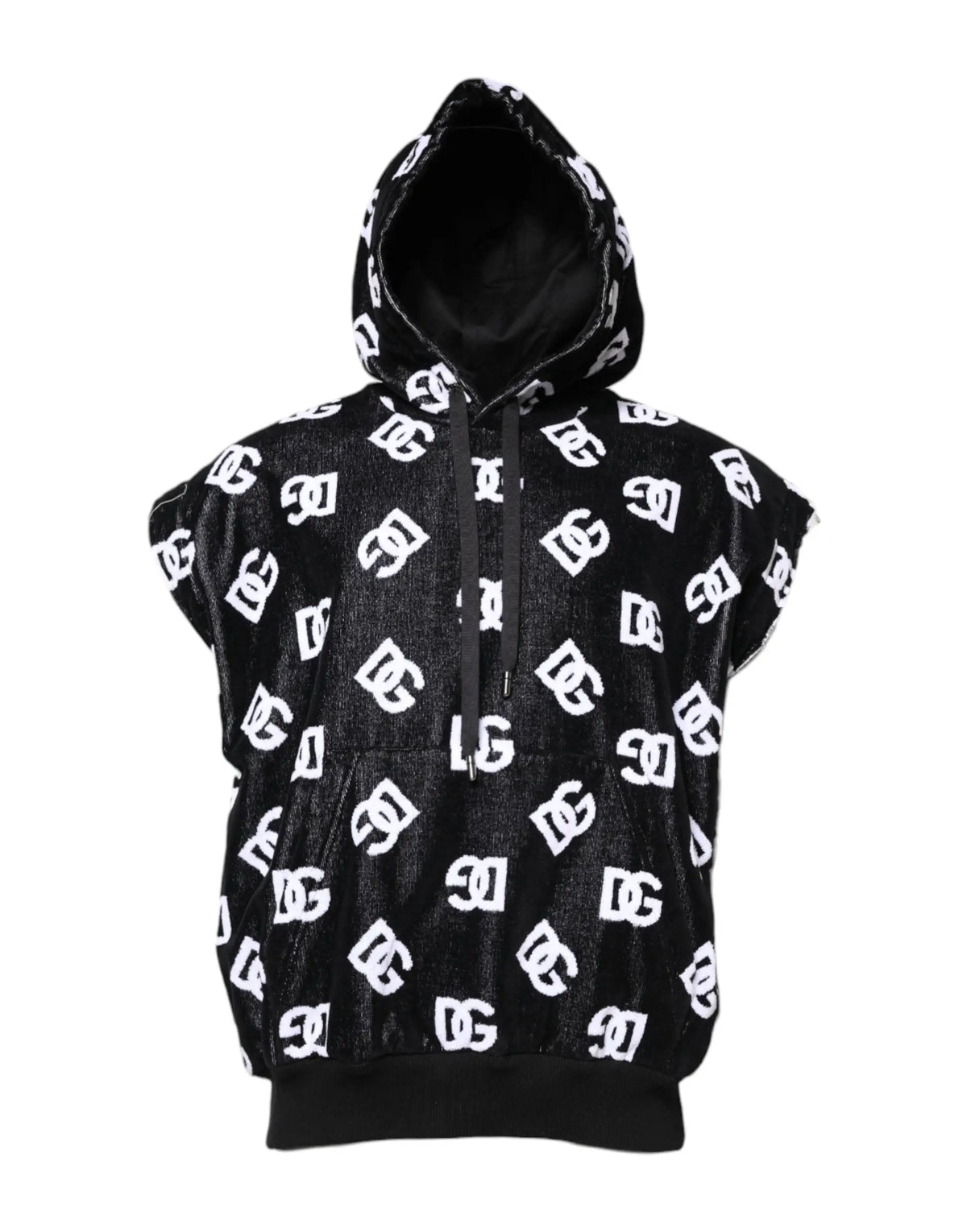 Dolce & gabbana sweat sans manches en coton noir avec capuche en velours noir et logo dg blanc imprimé partout