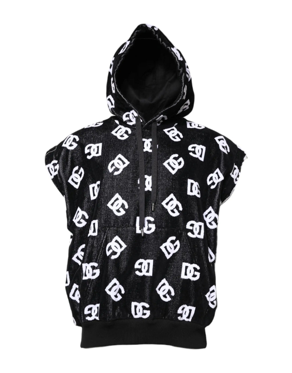 Dolce & gabbana sweat sans manches en coton noir avec capuche en velours à logo blanc dc imprimé et cordon assorti