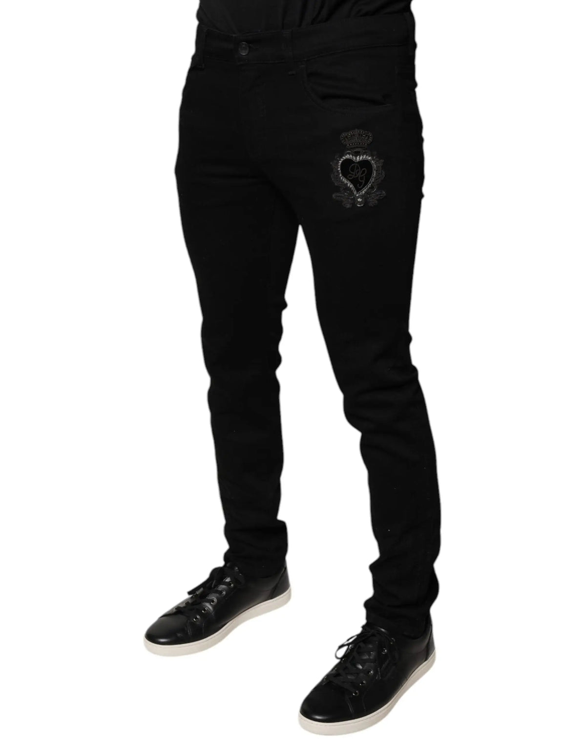 Jeans noirs slim fit dolce & gabbana en coton avec logo dg couronne brodé sur la poche arrière