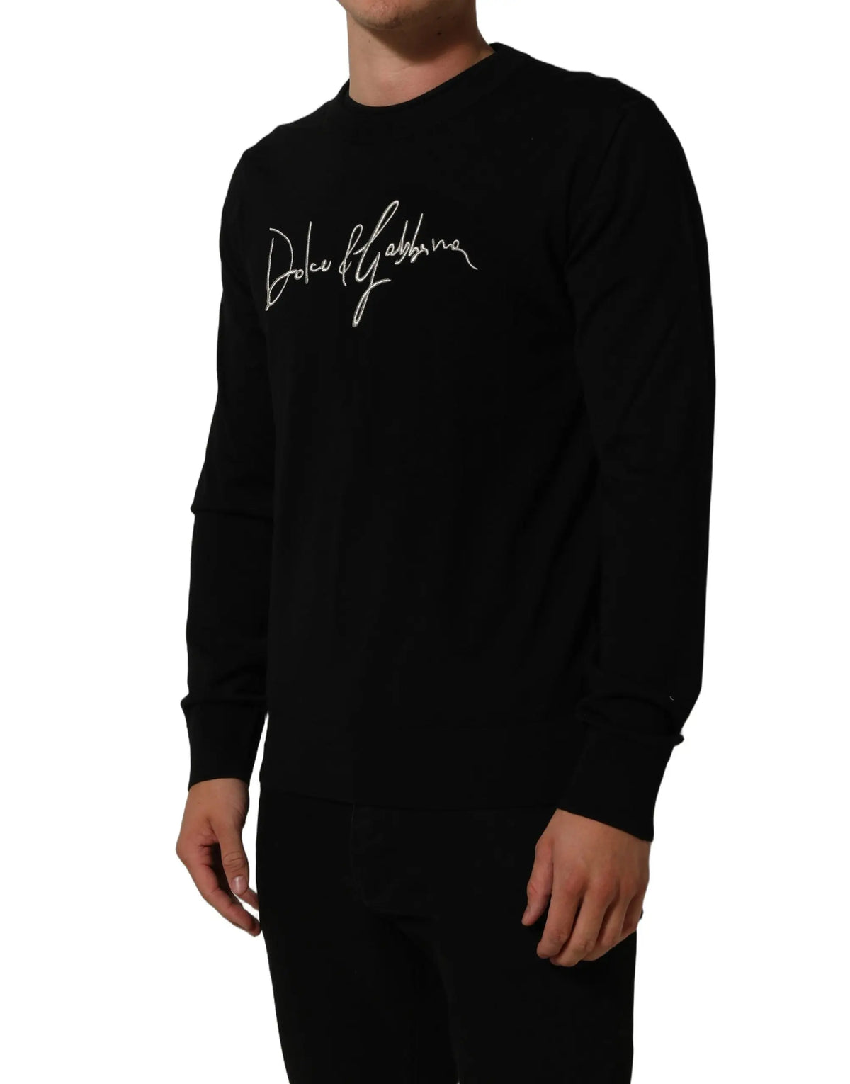 Sweatshirt noir à manches longues dolce & gabbana avec logo blanc brodé en cursive sur la poitrine