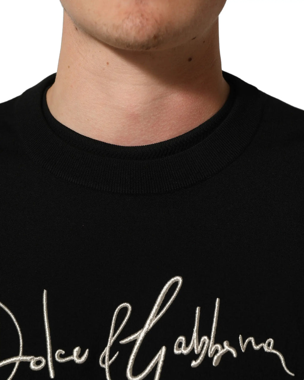 Sweatshirt dolce & gabbana noir pour homme avec broderie argentée cursive sur la poitrine en coton