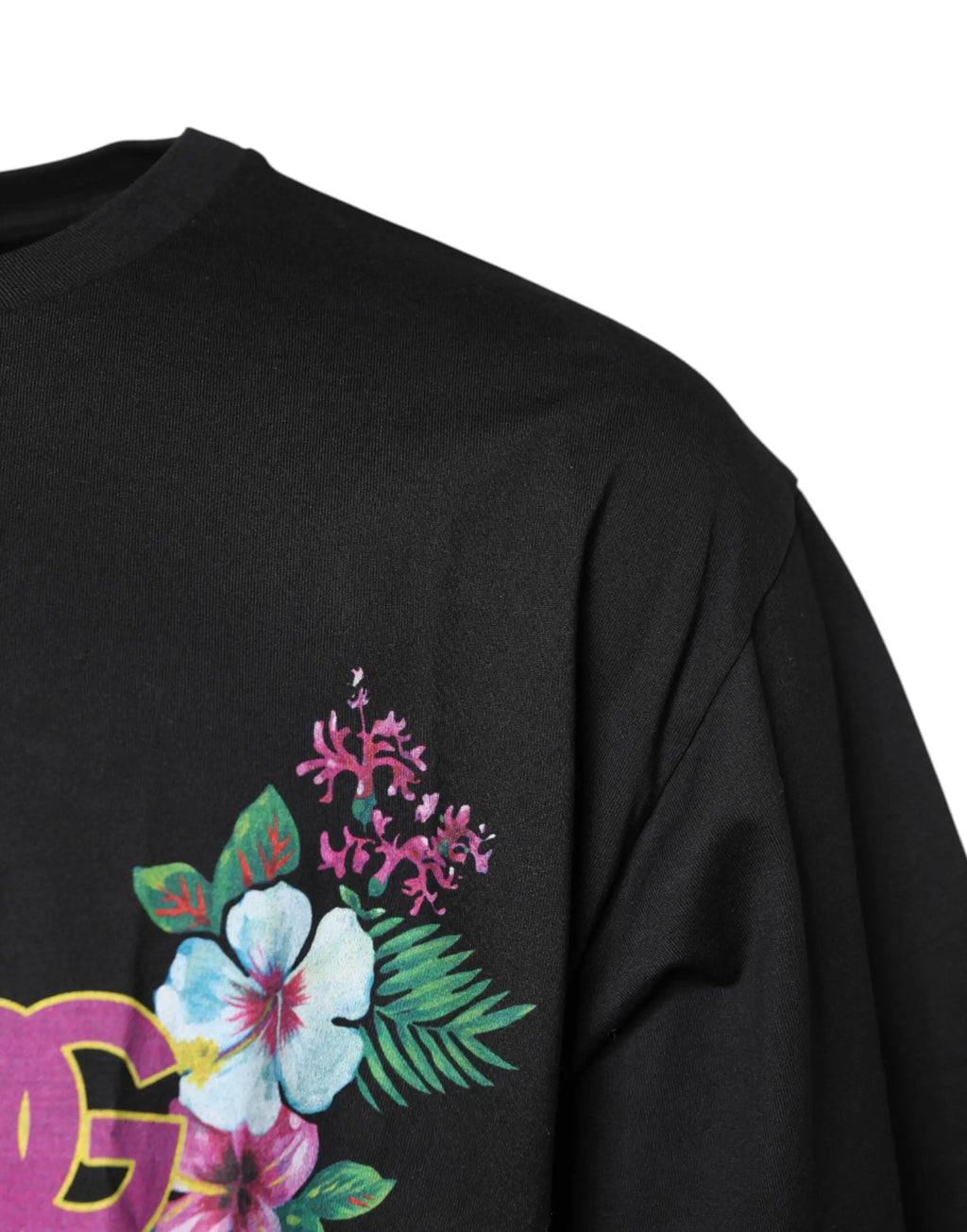 T-shirt noir en coton dolce & gabbana dg avec imprimé floral tropical vif rose blanc et vert