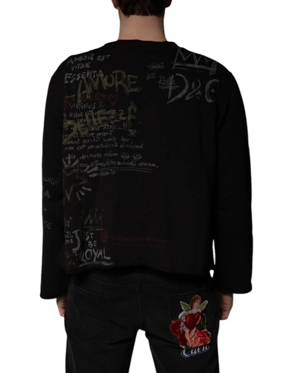 Sweat-shirt noir dolce & gabbana à manches longues avec design graffiti blanc et gris et logo stylisé