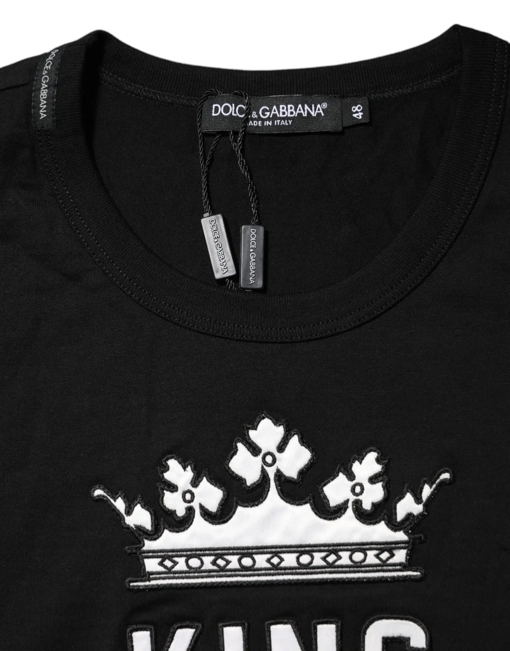 T-shirt noir dolce & gabbana en coton avec col rond et couronne blanche brodée à motifs floraux et géométriques