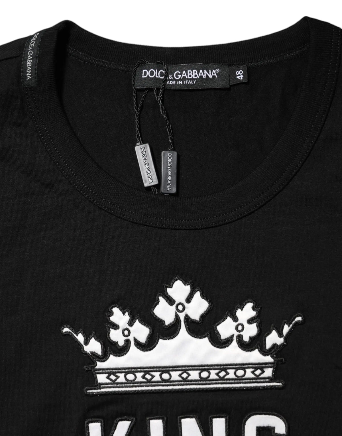 T-shirt noir dolce & gabbana en coton avec col rond et couronne blanche brodée à motifs floraux et géométriques