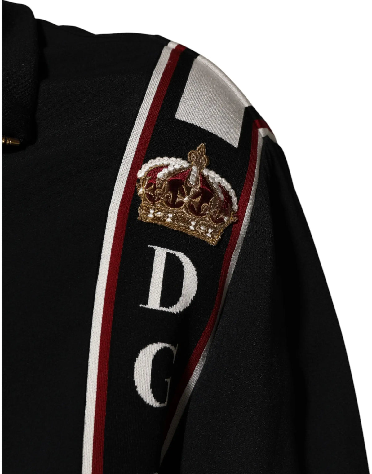 Sweatshirt dolce & gabbana noir en maille avec broderie couronne rouge et or au-dessus du logo dg cadre blanc et bordeaux
