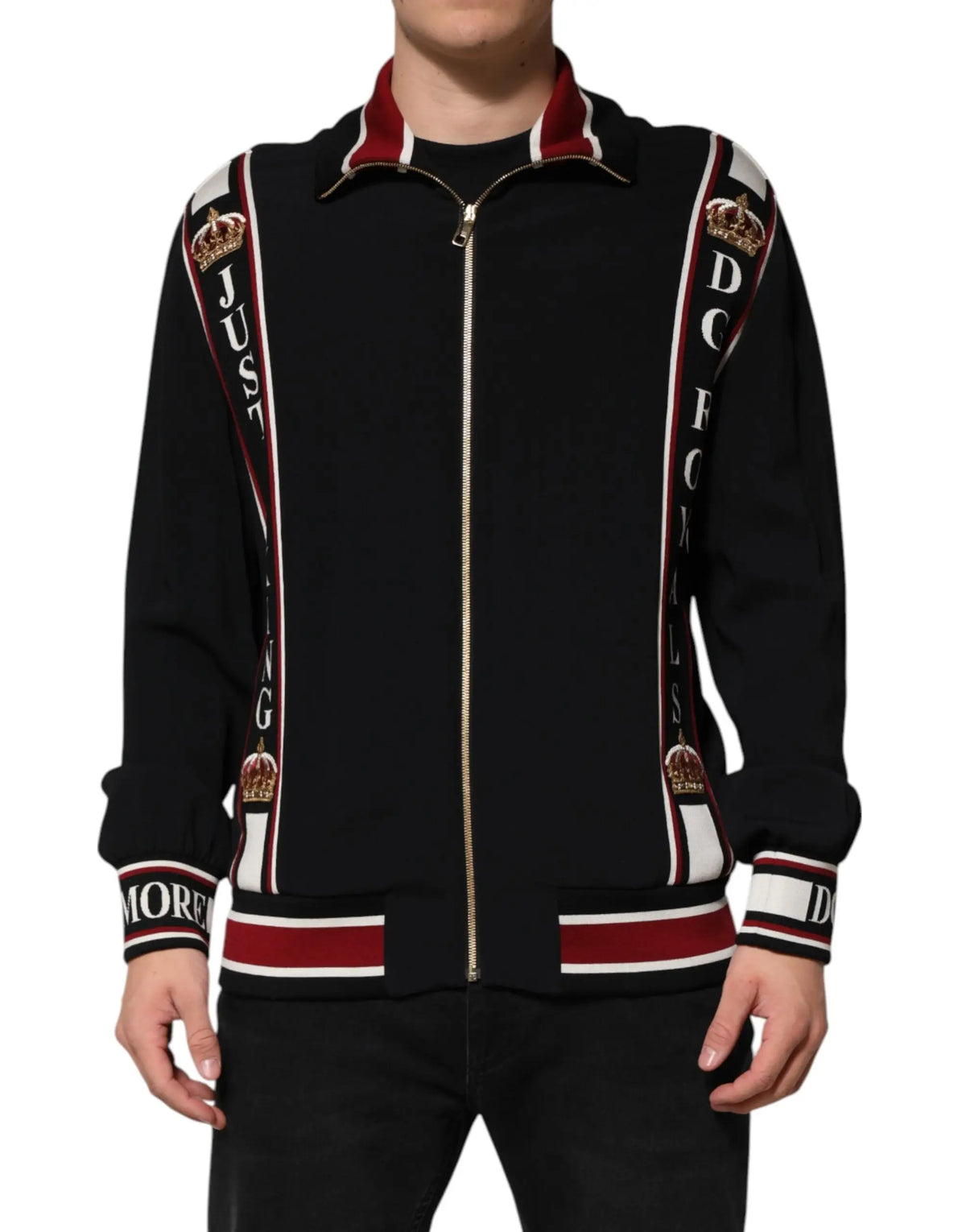 Dolce & gabbana sweat-shirt zippé noir dg king avec bandes rouges et blanches, zips dorés et logos couronne brodés
