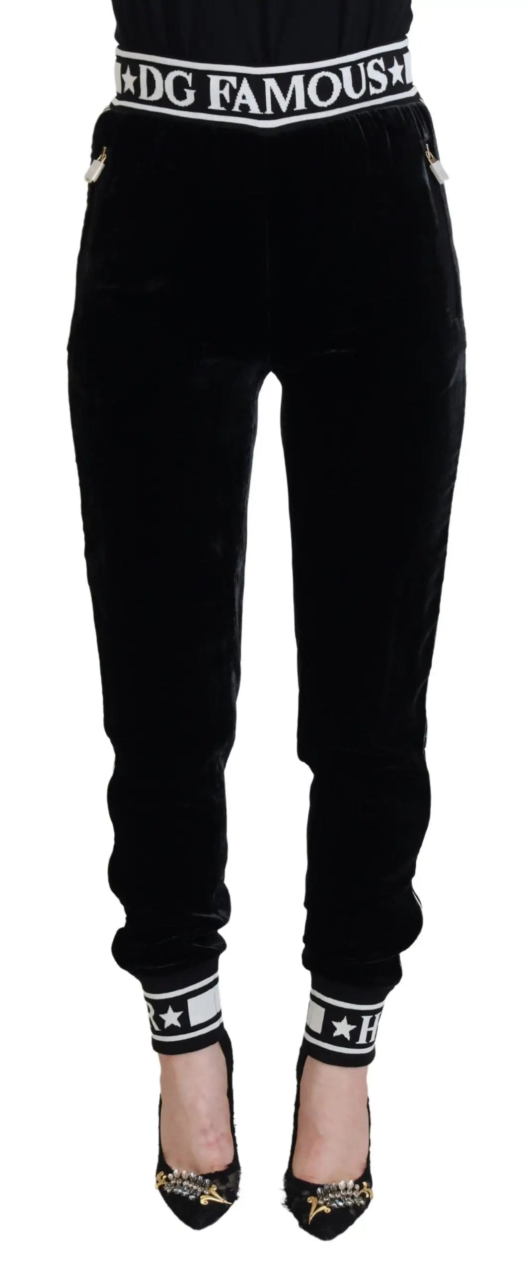 Dolce gabbana black velvet joggers with white star and dg famous branding on waistband and cuffs