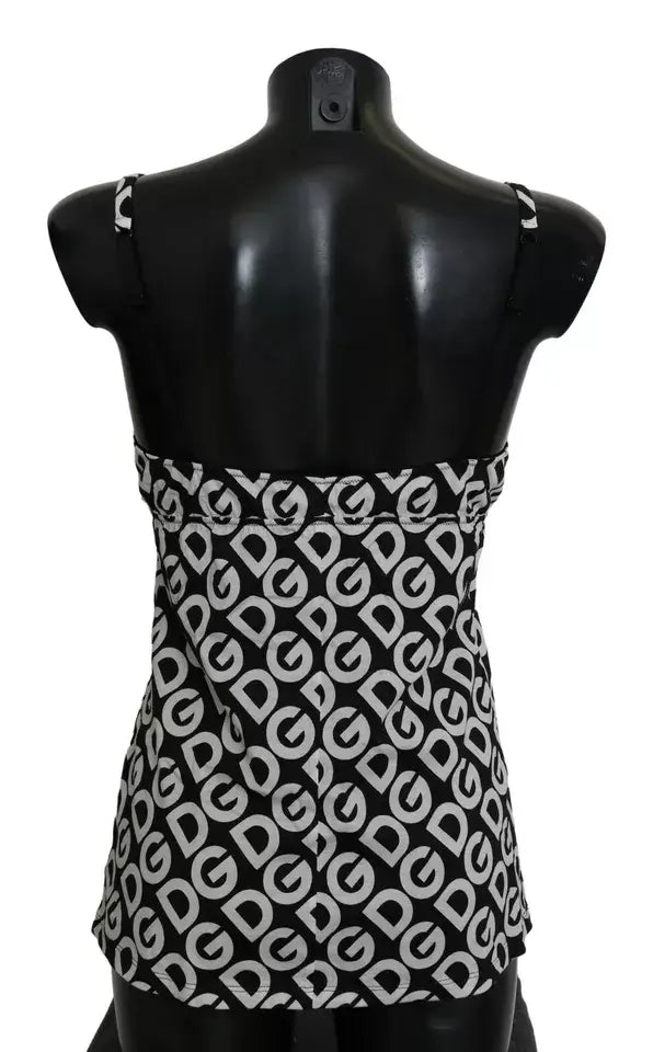 Top dolce & gabbana noir et blanc avec motif répété de logo dg entrelacé, maillot de bain sans manches dg mania