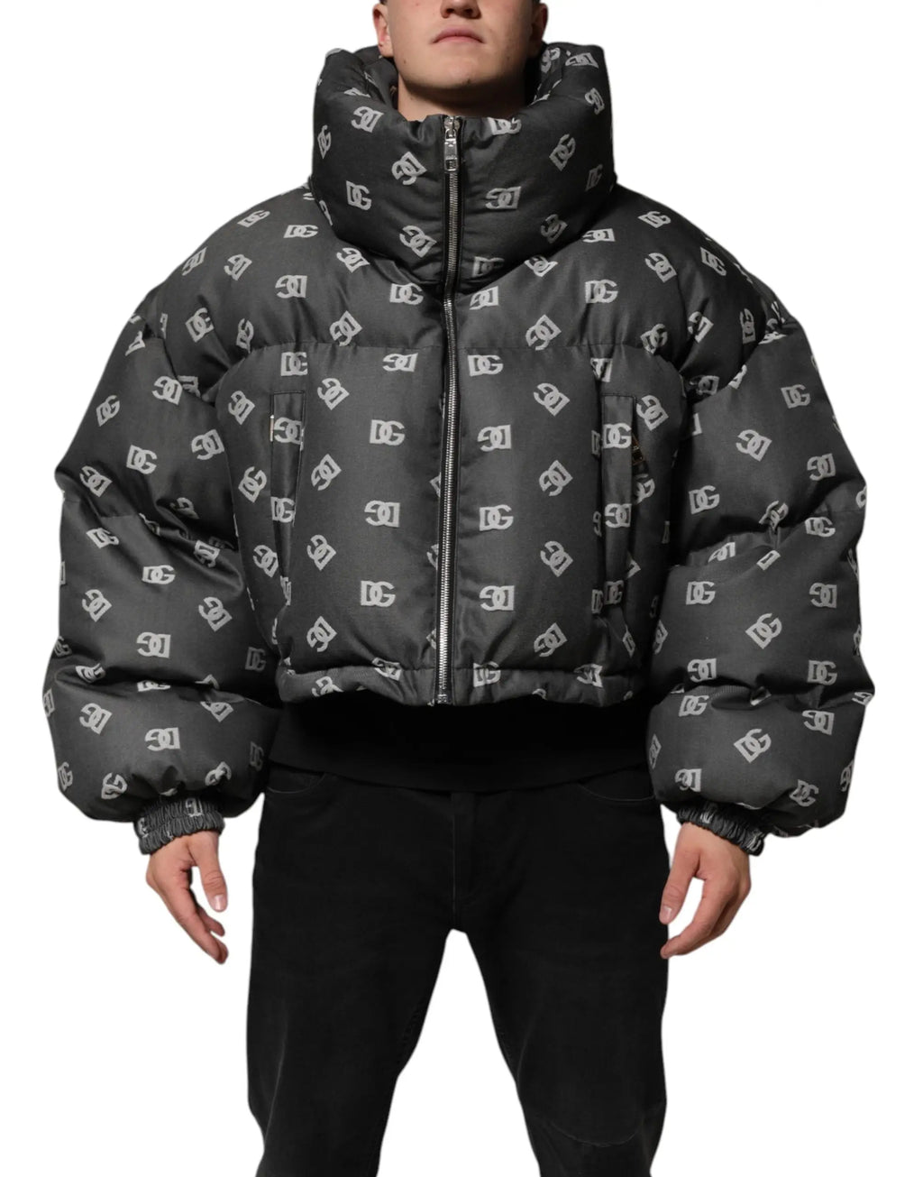 Dolce & gabbana veste homme noire matelassée à fermeture éclair avec motif monogramme dg blanc répété