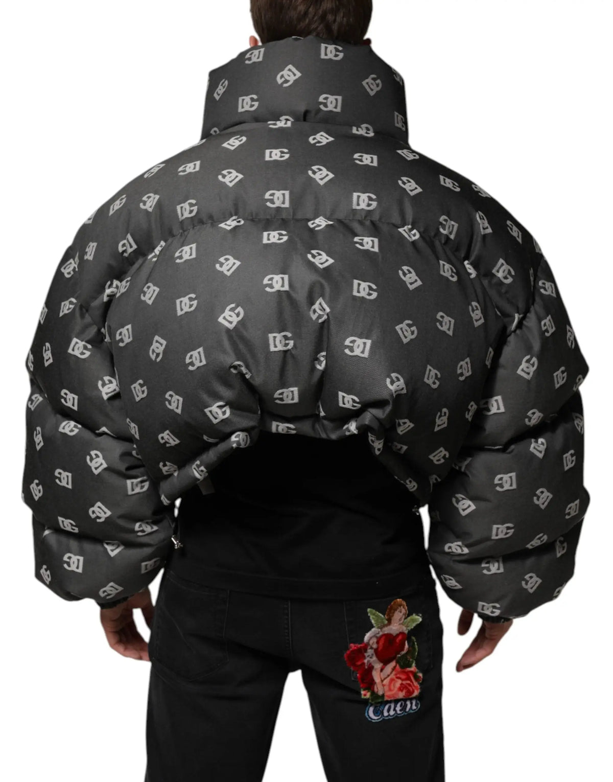Dolce & gabbana veste matelassée noire pour homme avec motif monogramme dg blanc répétitif et fermeture éclair complète