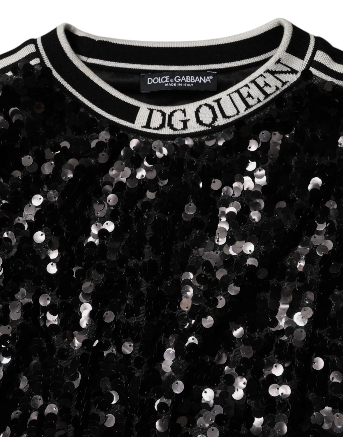 Dolce & Gabbana pull noir sequins dg queen avec lettres blanches sur le col en sweat-shirt élégant