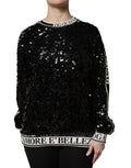 Sweatshirt noir à sequins dolce gabbana dg queen avec bordure côtelée blanche et inscriptions amore e bellezza