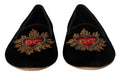 Dolce & gabbana ballerines noires en velours avec patch cœur sacré rouge brodé dg et ornements dorés