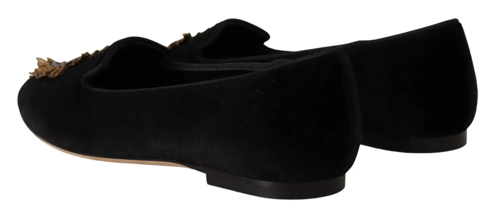 Dolce & gabbana mocassins noirs en daim avec ornement doré décoratif sacré cœur sur la pointe