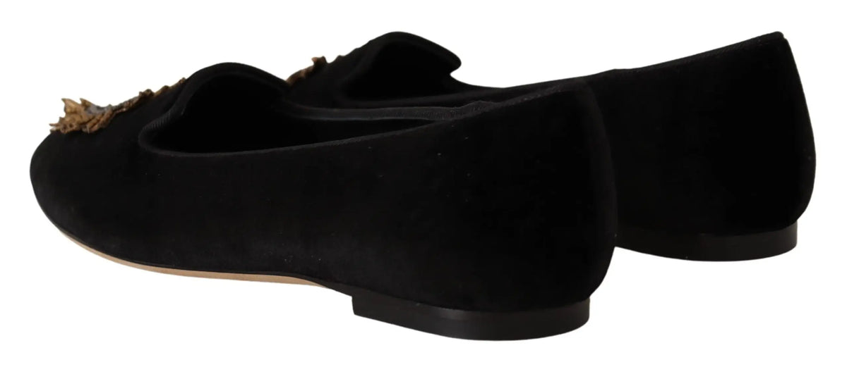 Dolce & gabbana mocassins noirs en daim avec ornement doré décoratif sacré cœur sur la pointe