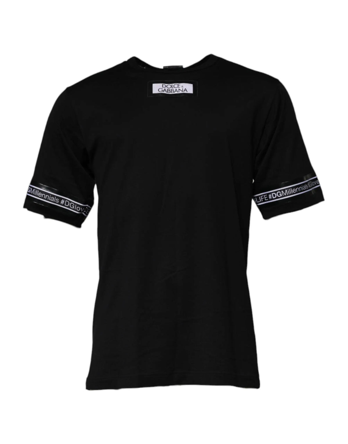 T-shirt noir dolce & gabbana en coton avec bandes blanches sur les manches et petit logo au col