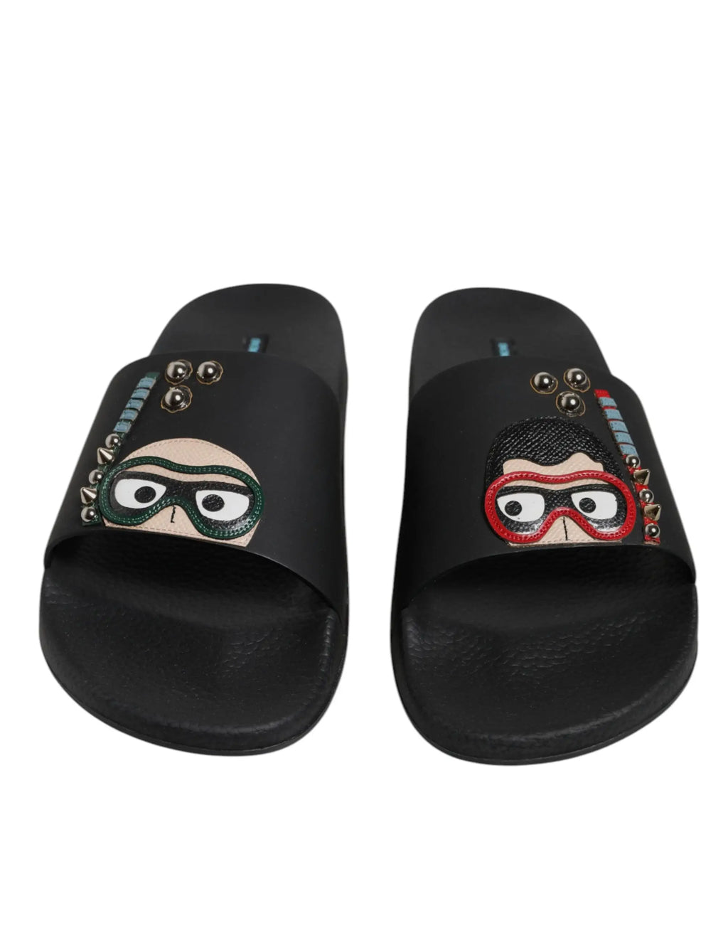 Dolce & gabbana black divers leather slide sandals with embroidered cartoon faces, goggles, and metallic studs