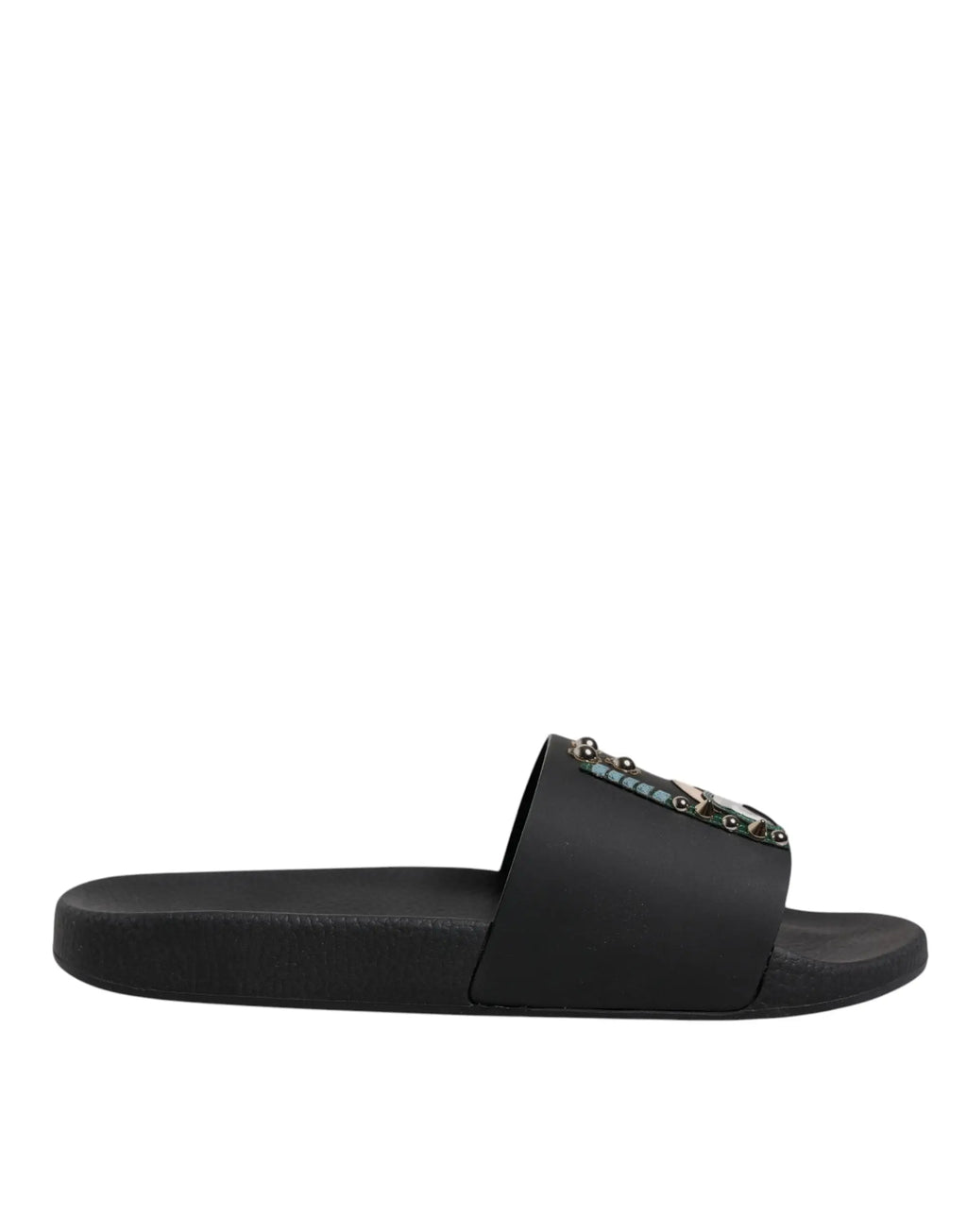 Sandales plates noires dolce & gabbana en cuir divers avec bride décorative bleu sarcelle et argent pour la plage