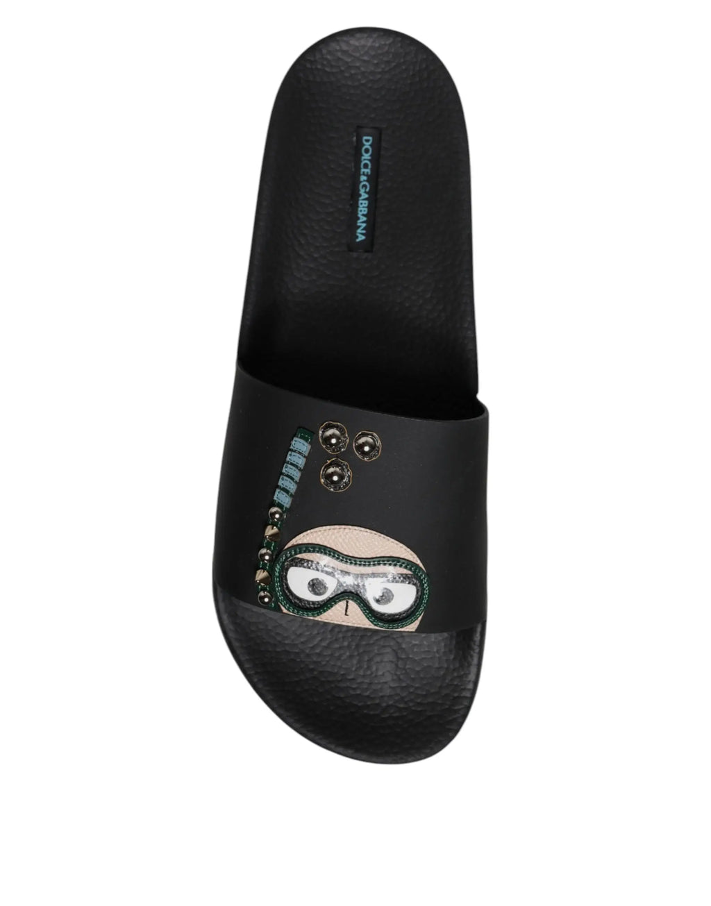 Sandales slides en cuir noir dolce & gabbana avec visage de plongeur brodé et détails verts et argentés