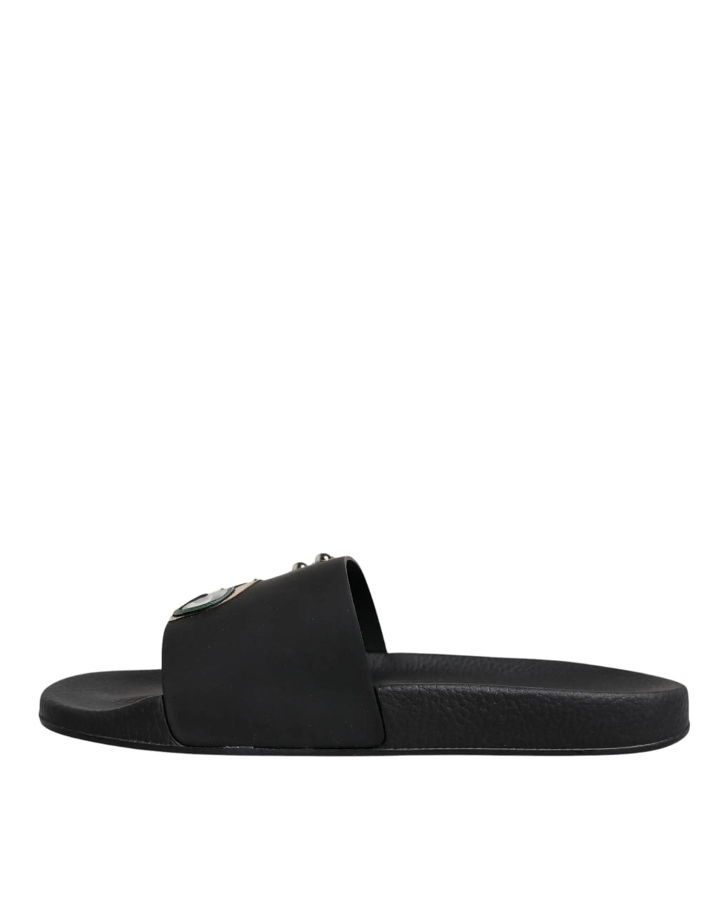 Sandales slides noires en cuir divers dolce gabbana avec logo métal argenté pour plage et usage quotidien