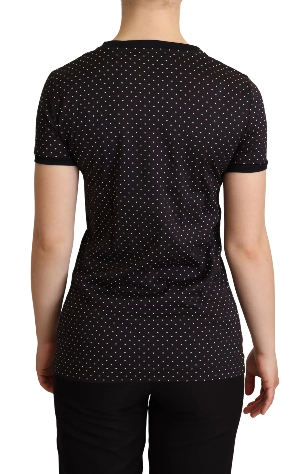 Dolce & gabbana t-shirt noir à pois blancs subtils en coton à col rond et manches courtes