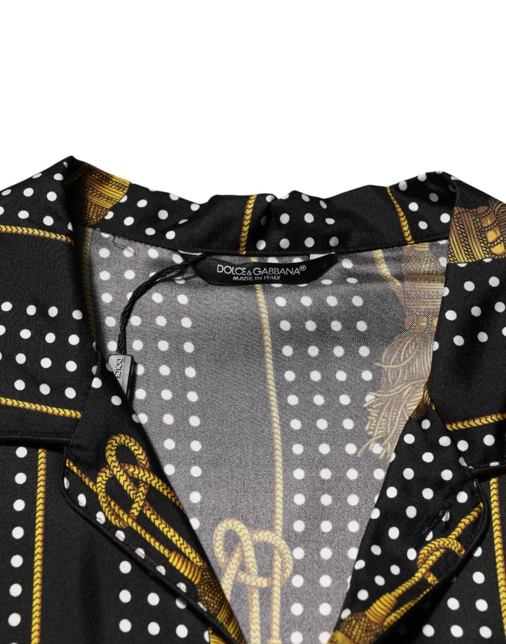 Blouse noire en soie à pois blancs avec détails en corde dorée dolce gabbana élégante pour femme