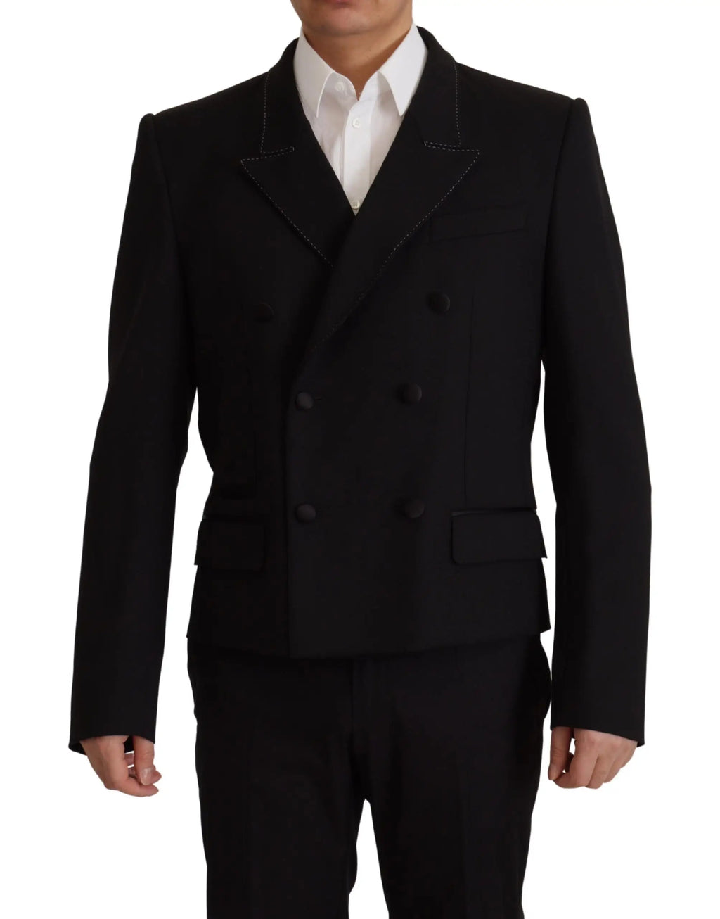 Dolce & gabbana blazer noir croisé avec couture blanche contrastante sur les revers et les coutures