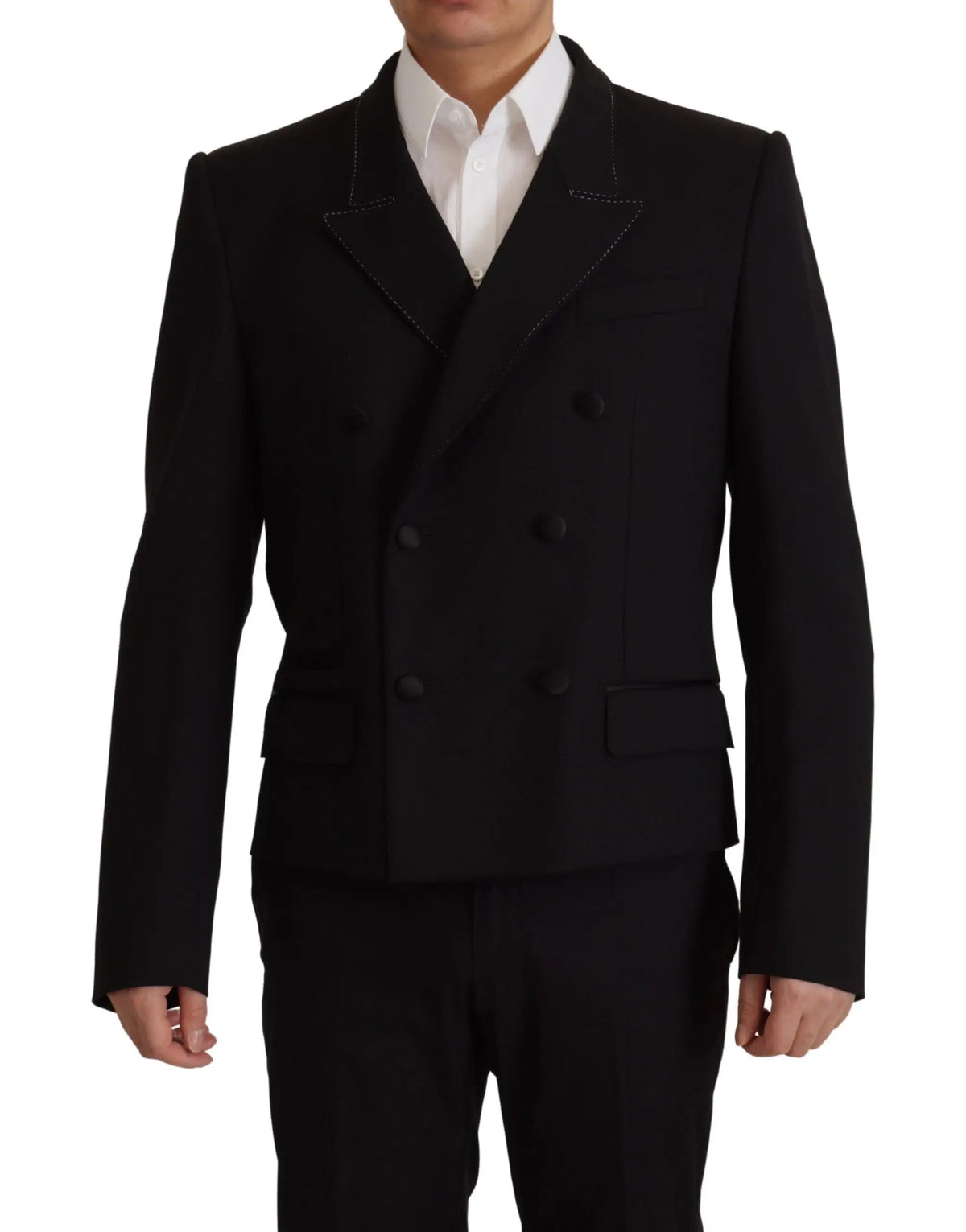 Dolce & gabbana blazer noir croisé avec couture blanche contrastante sur les revers et les coutures