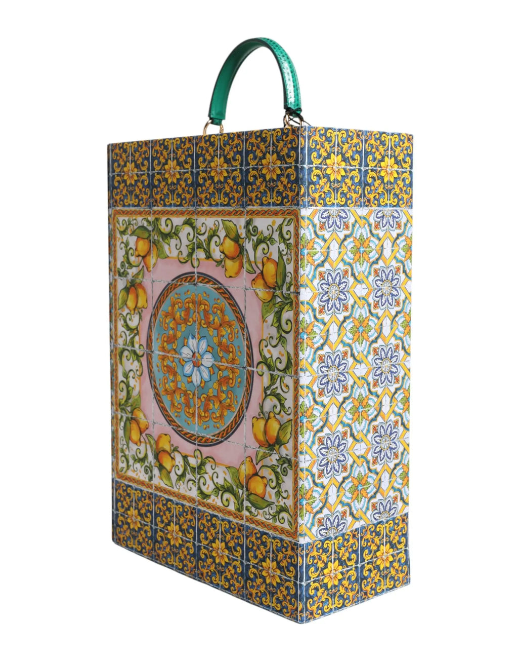 Sac à main rectangulaire dolce & gabbana en cuir avec motifs mosaïque citron et fleurs et poignée verte émeraude