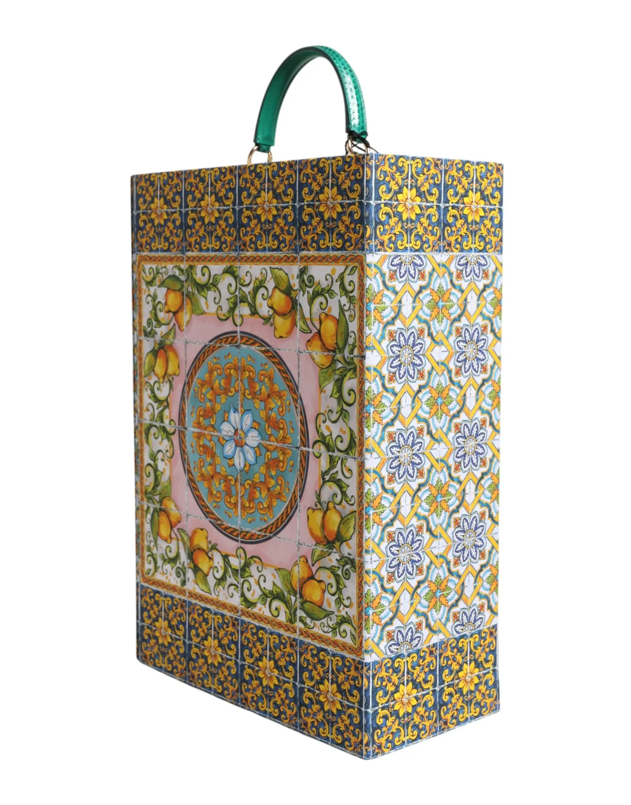 Sac à main rectangulaire dolce & gabbana en cuir avec motifs mosaïque citron et fleurs et poignée verte émeraude
