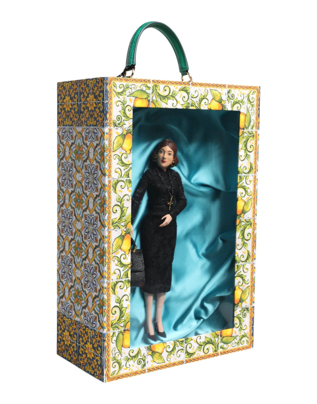 Robe noire en dentelle dolce gabbana avec col montant et manches longues dans un coffret orné de motifs citronnés