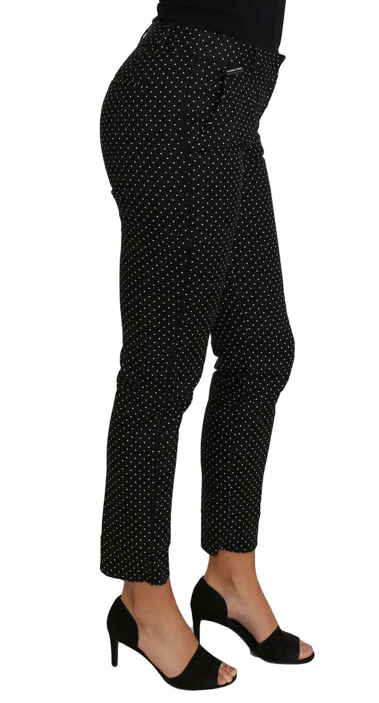 Pantalon droit court dolce et gabbana en maille ponte noire avec petits pois blancs et ourlets retroussés