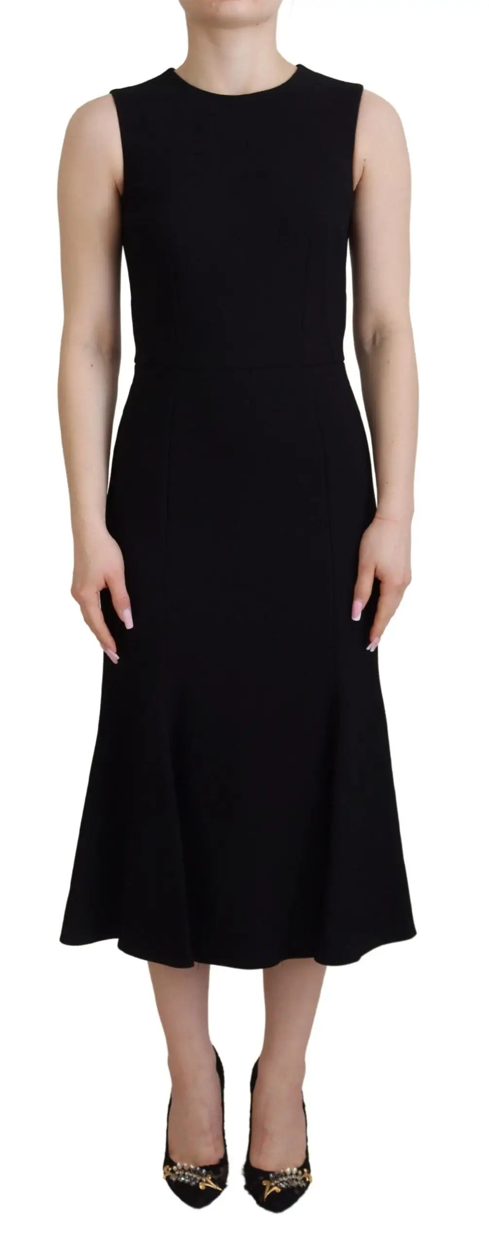 Robe midi noire sans manches dolce & gabbana en viscose avec jupe évasée et petites décorations dorées à l’ourlet