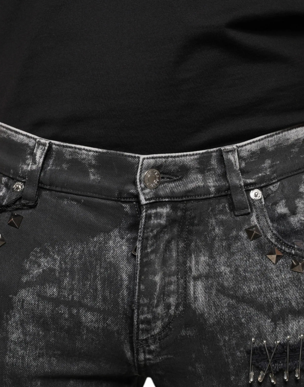 Dolce & gabbana jean skinny en coton noir avec clous étoiles métalliques et épingles de sûreté décoratives
