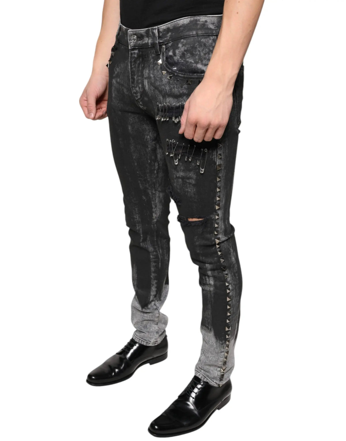 Dolce & gabbana jean skinny noir en coton déchiré avec embellissements épingles à nourrice argentées et coutures cloutées