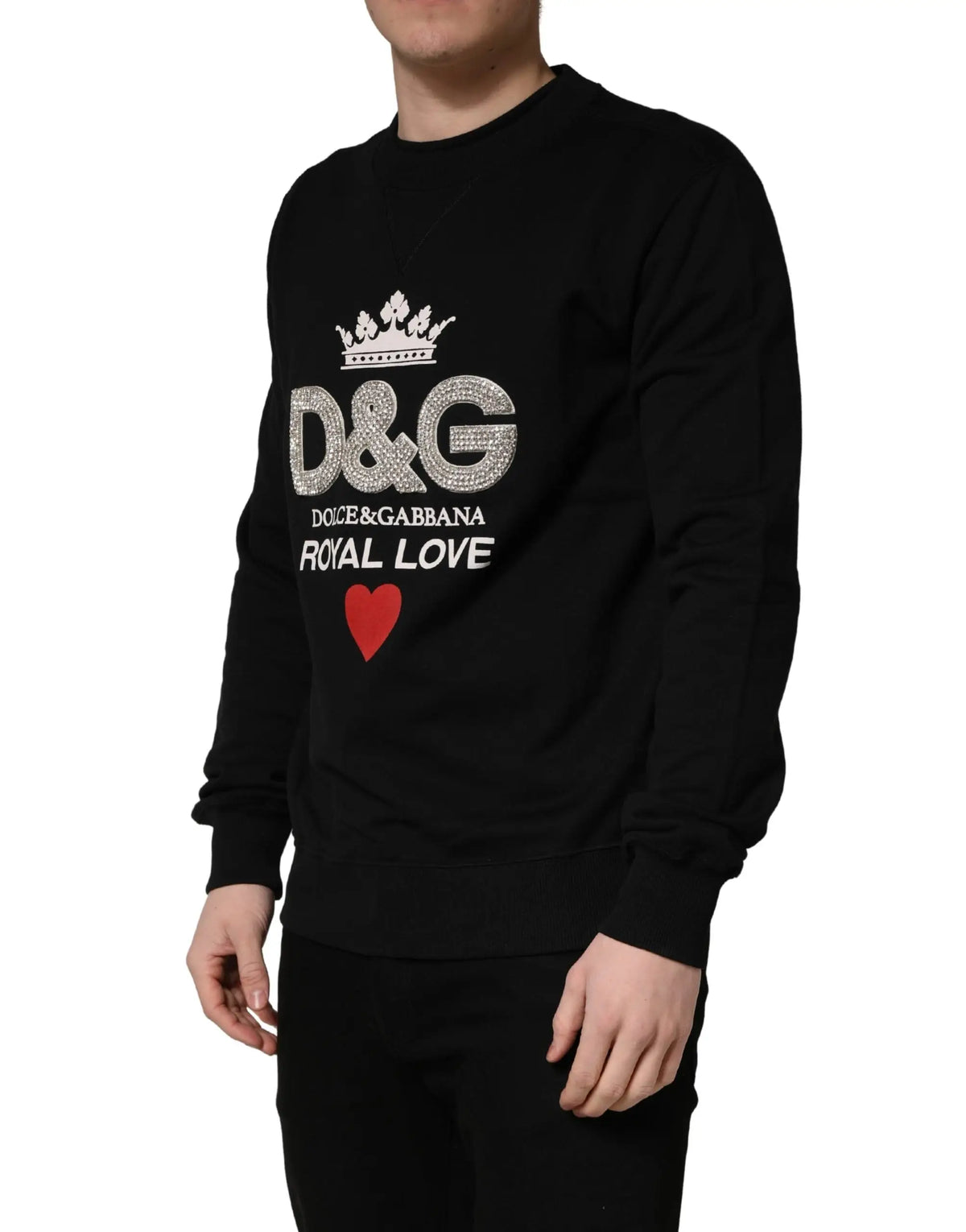 Dolce & Gabbana sweat noir en coton avec couronne argentée scintillante et logo d&g royal love et cœur rouge