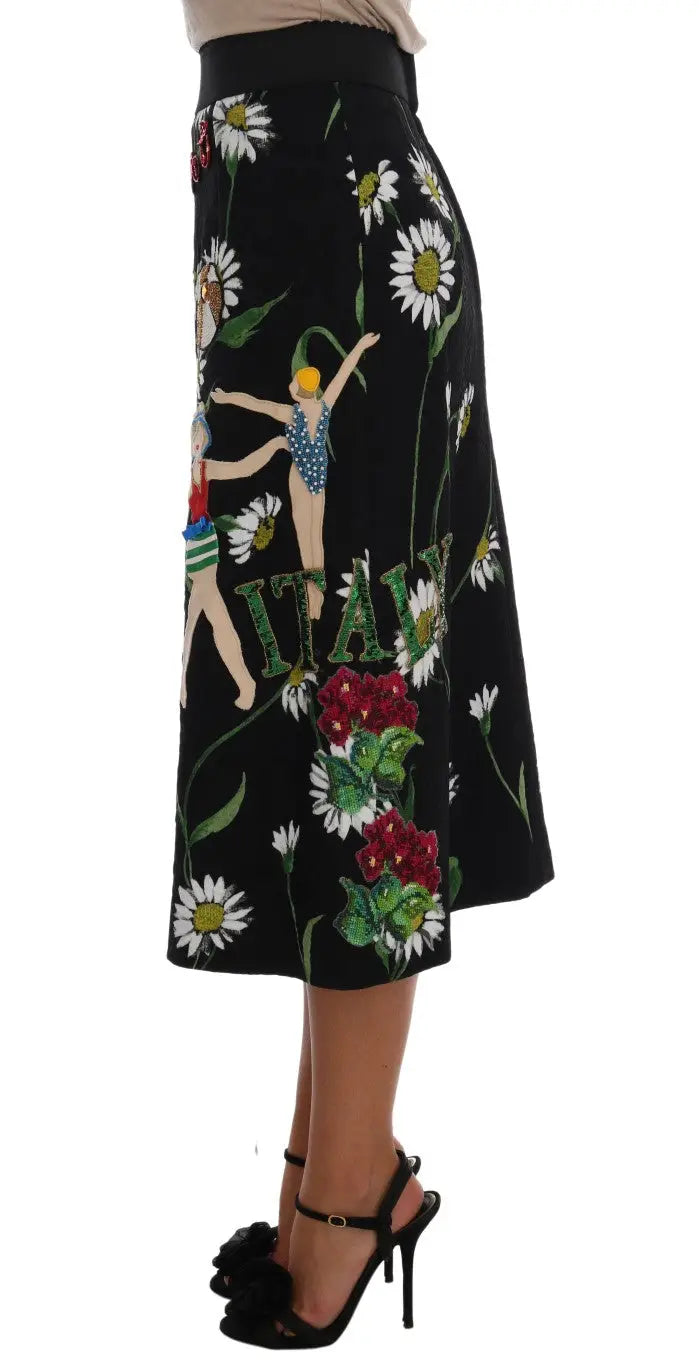 Jupe midi noire dolce gabbana en brocart orné de marguerites, roses rouges, feuilles vertes, danseurs et broderie italie