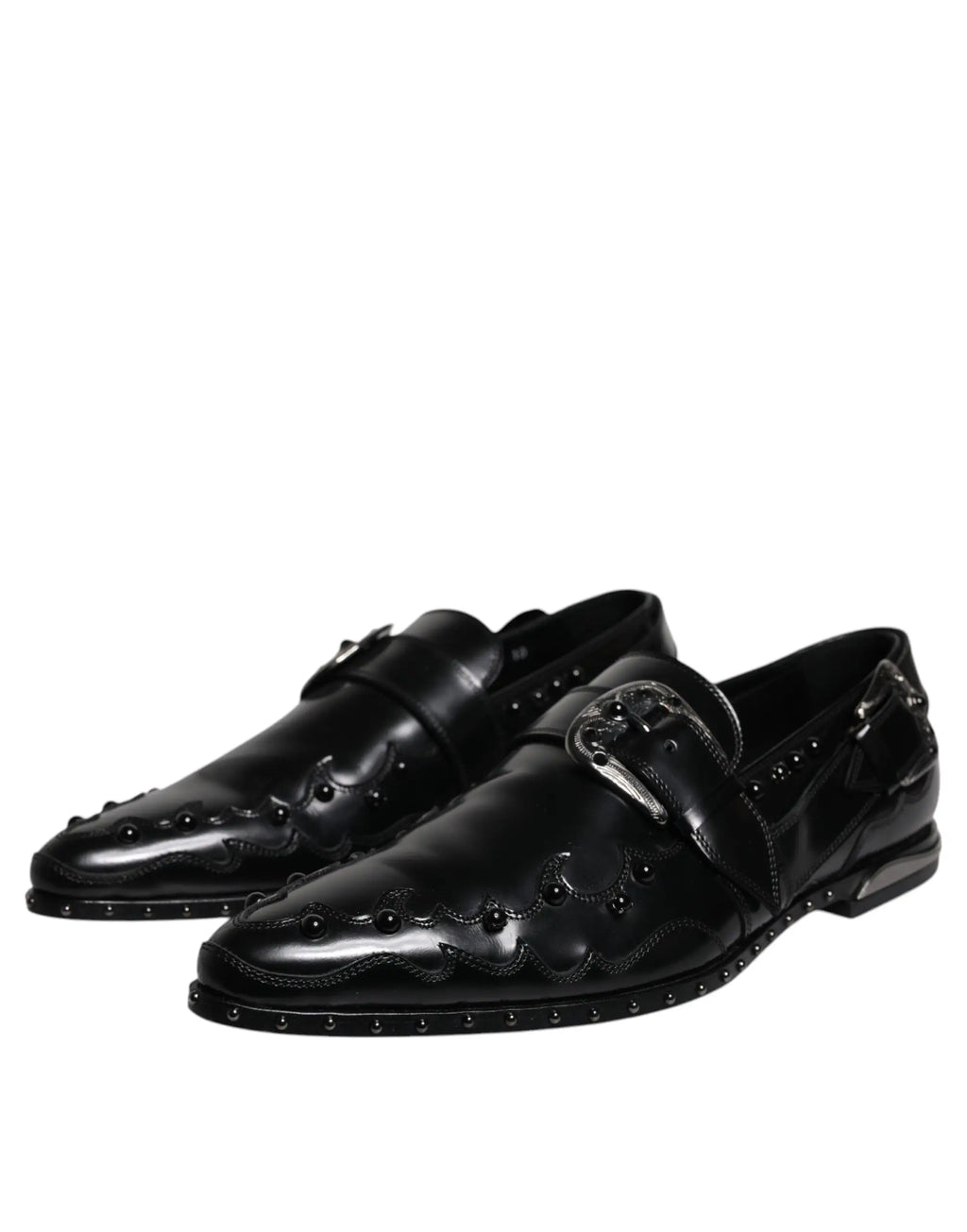Dolce & gabbana derby monk strap chaussures noires en cuir verni avec boucle argentée et coutures décoratives
