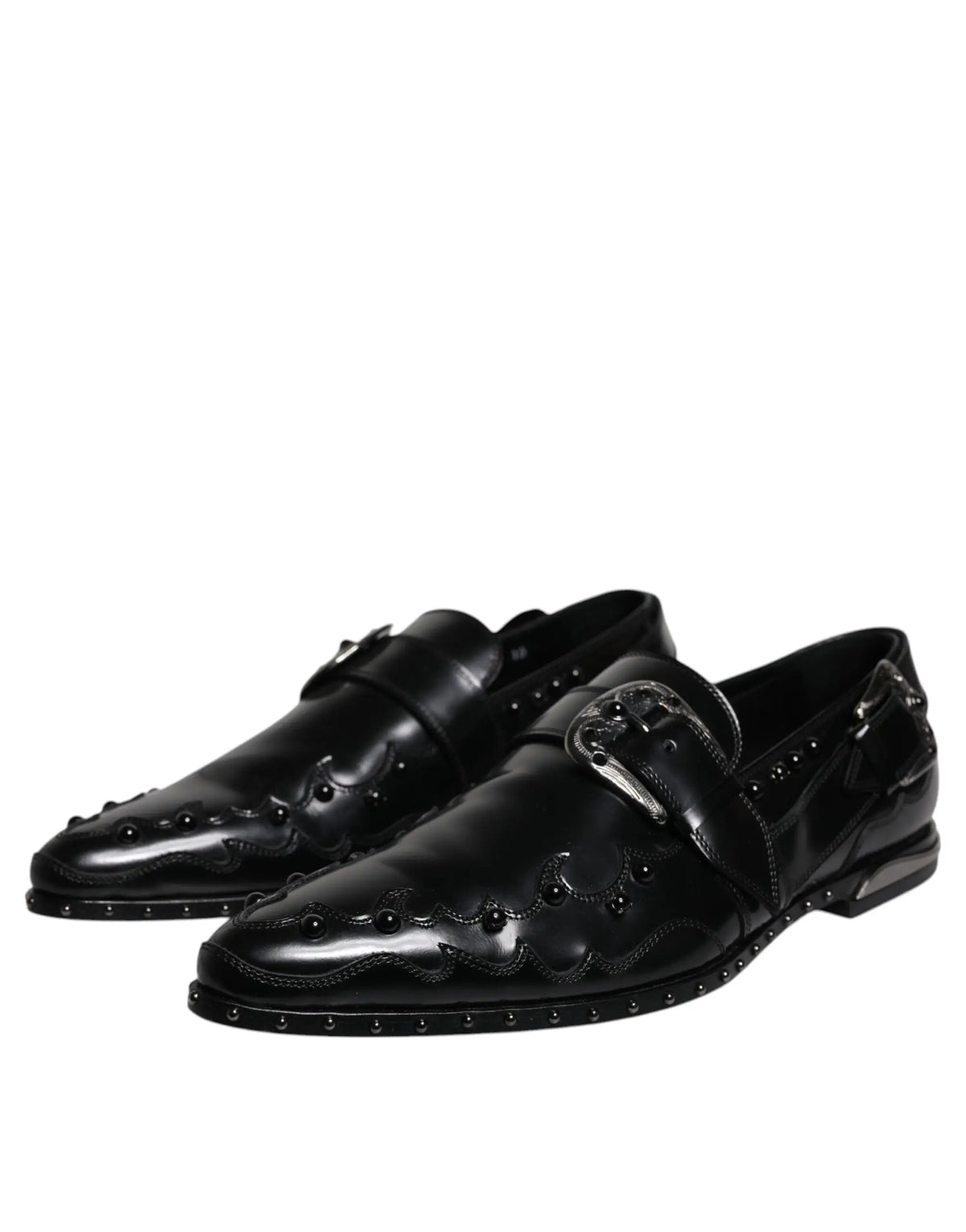 Dolce & gabbana derby monk strap chaussures noires en cuir verni avec boucle argentée et coutures décoratives