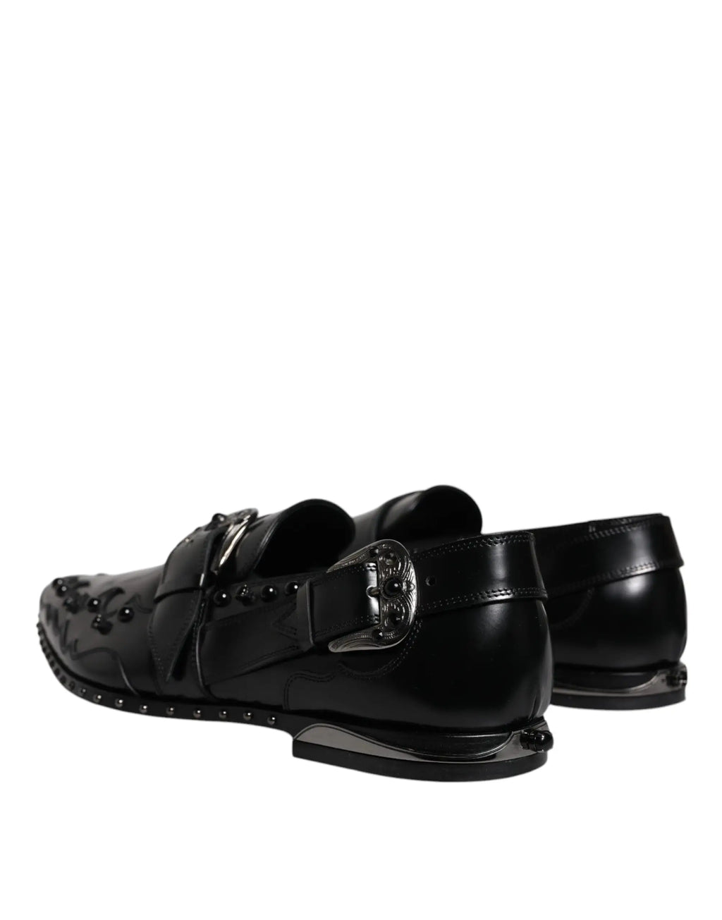 Dolce & gabbana derby monk strap chaussures noires en cuir verni avec boucle argentée et détails cloutés