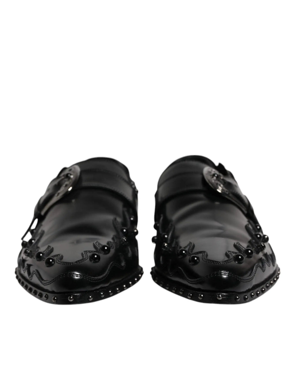 Dolce & gabbana chaussures derby monk strap noires en cuir verni ornées de clous argentés et boucle décorative