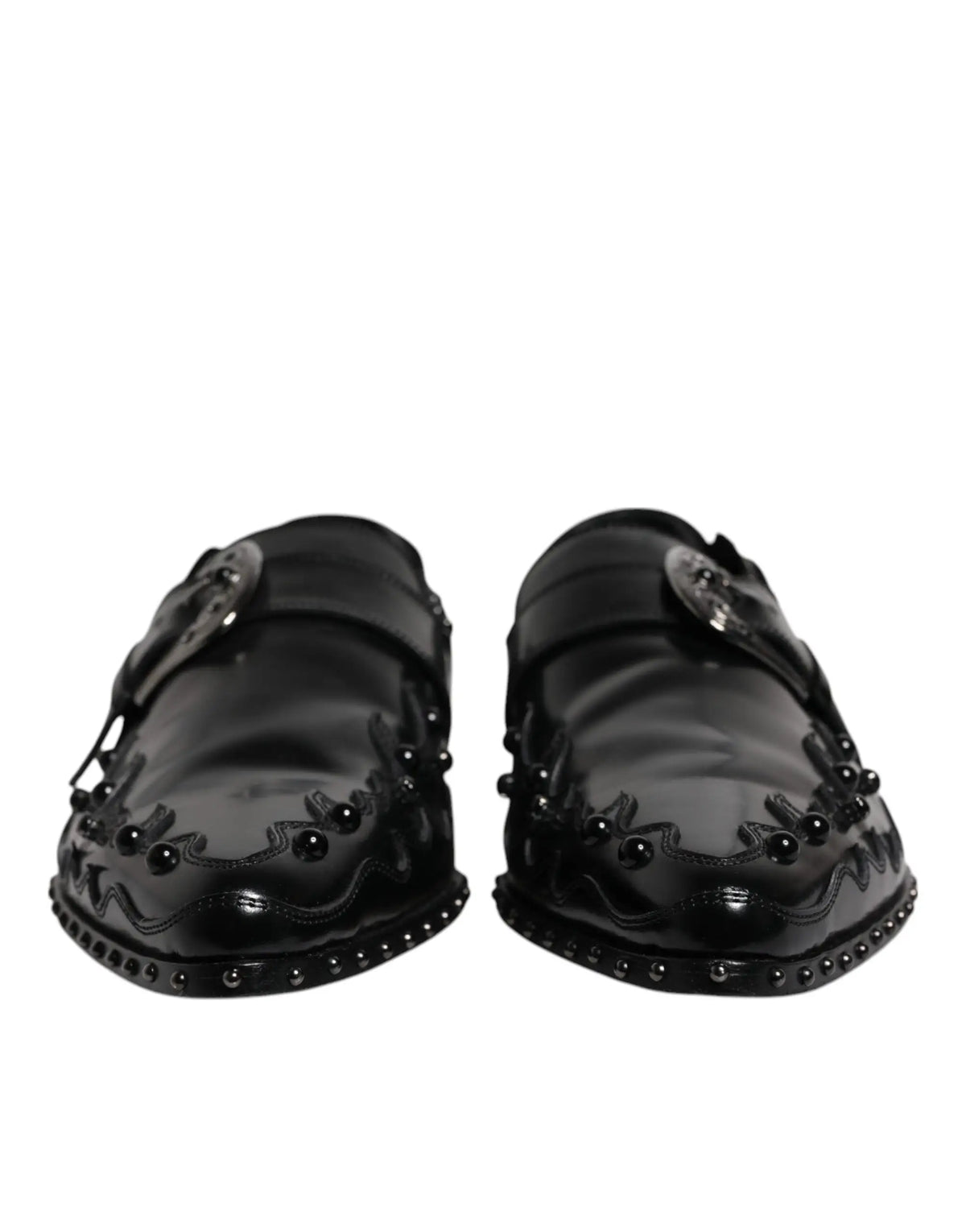 Dolce & gabbana chaussures derby monk strap noires en cuir verni ornées de clous argentés et boucle décorative