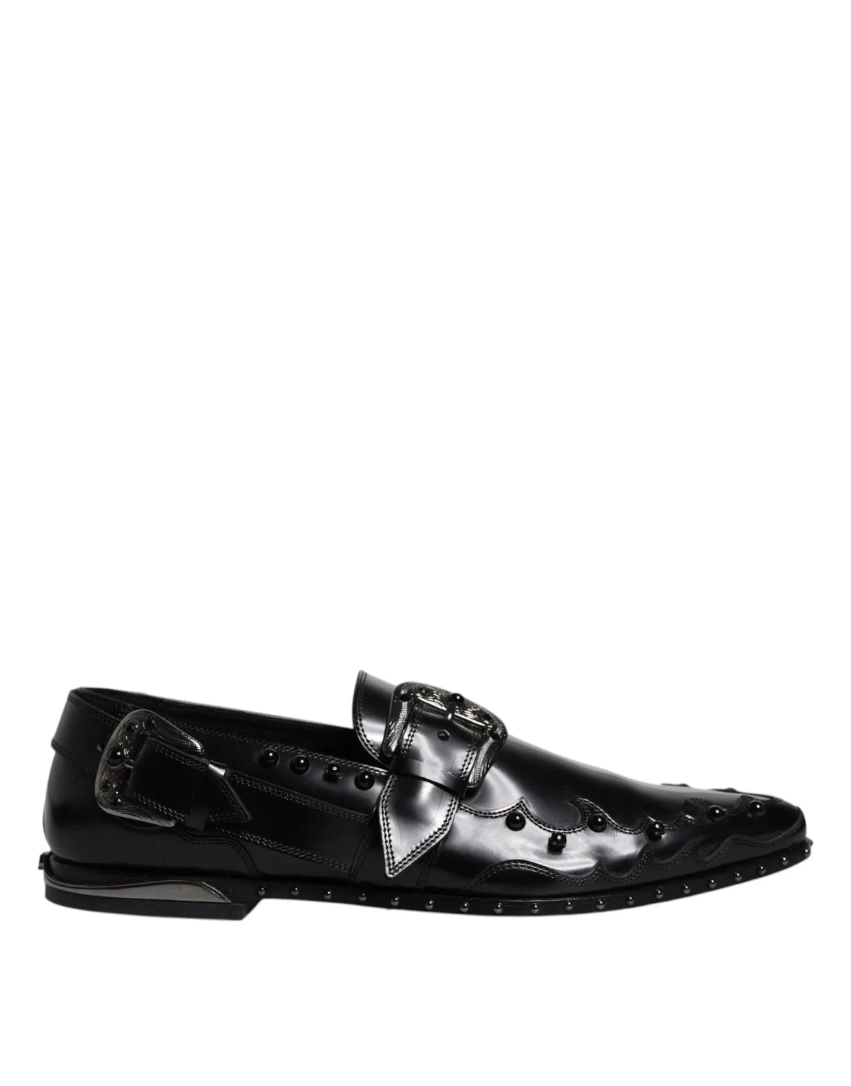 Dolce & Gabbana chaussures derby monk strap noires en cuir verni avec boucles métalliques et clous décoratifs