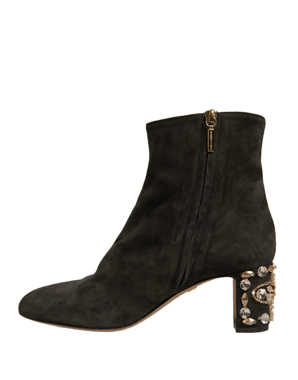 Dolce & gabbana bottines en daim noir avec fermeture éclair dorée et talon carré orné de cristaux