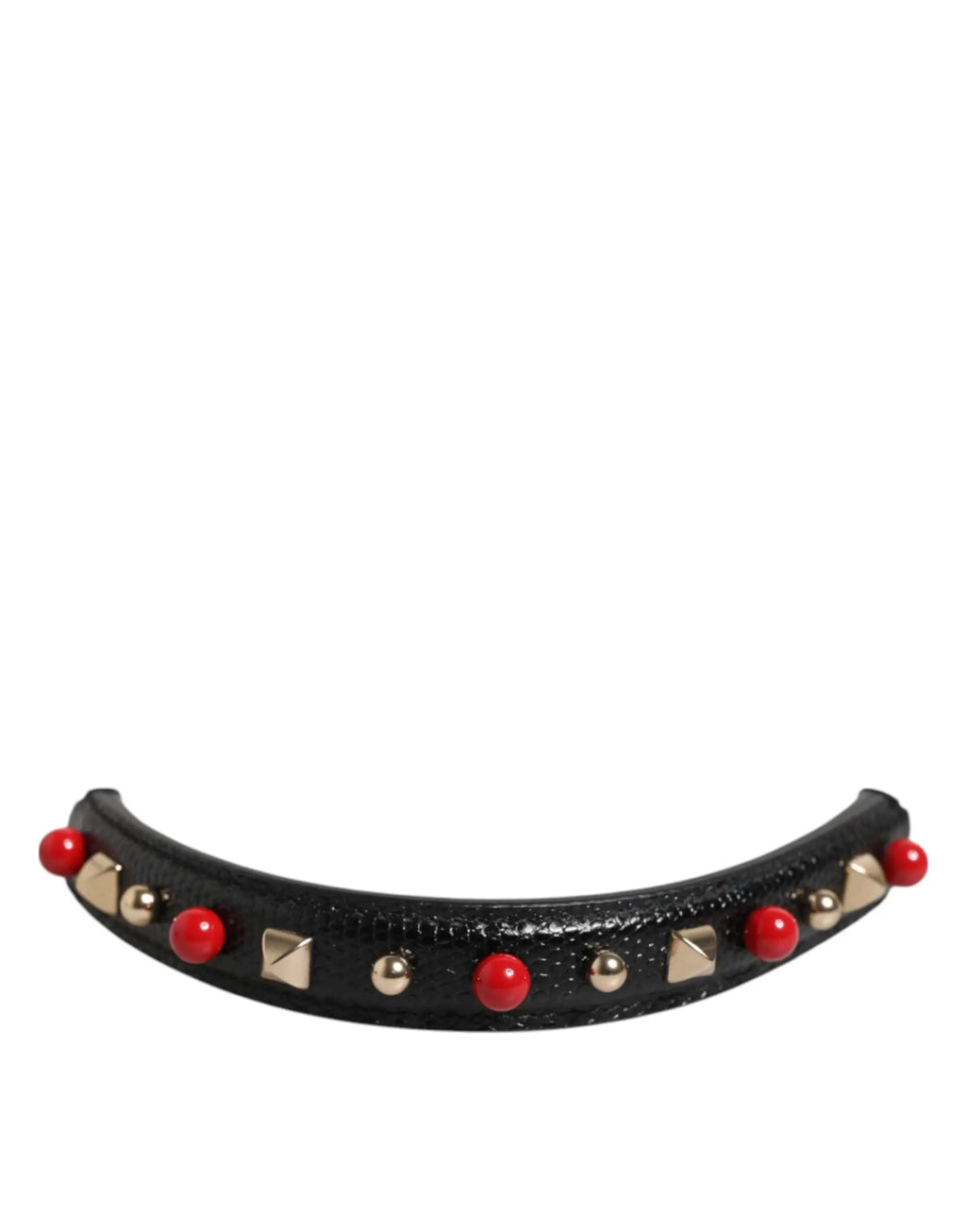 Dolce & gabbana black leather shoulder strap with choker adorned with red beads and gold-tone pyramid studs