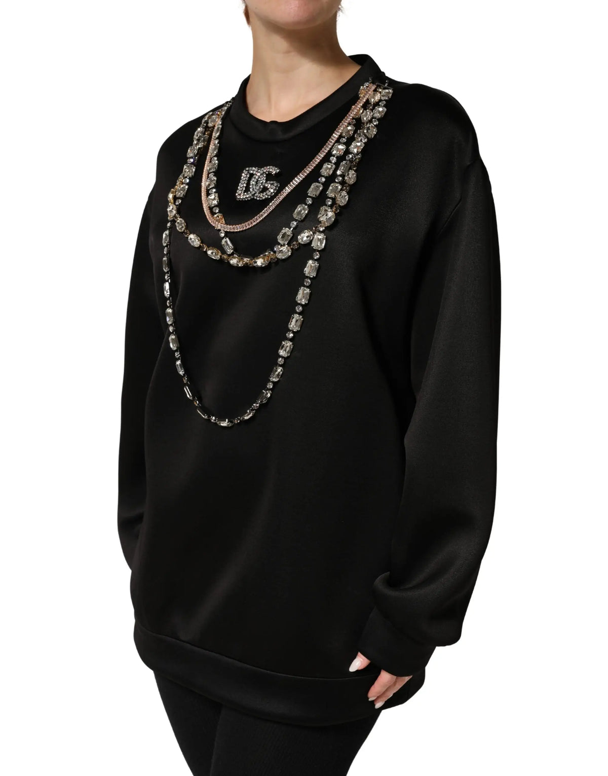 Sweatshirt noir dolce & gabbana avec logo orné et chaînes superposées en cristaux sur le devant