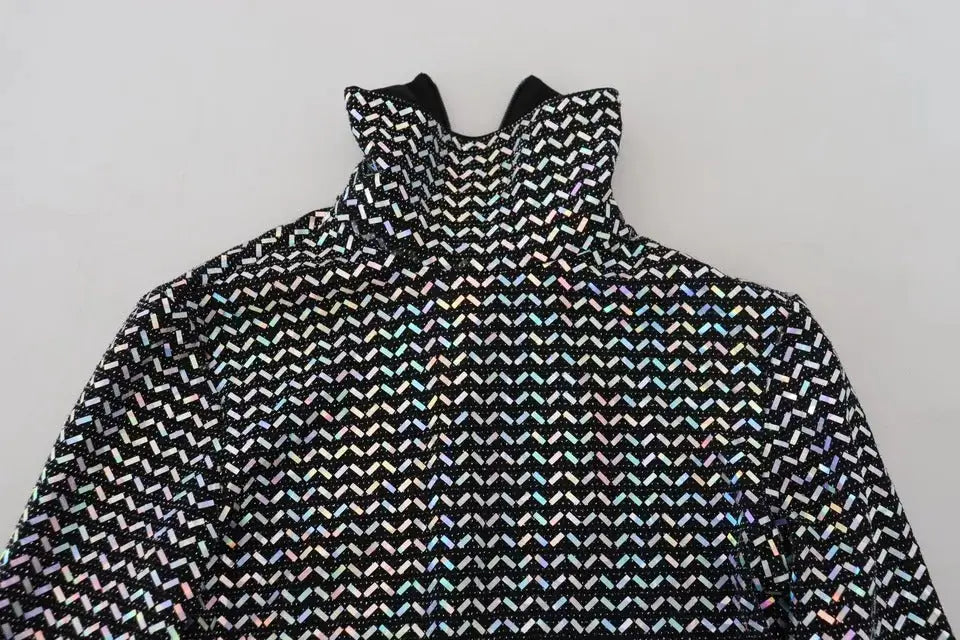 Dolce & Gabbana robe mini noire en nylon bodycon avec top col montant noir et motif chevron irisé en sequins