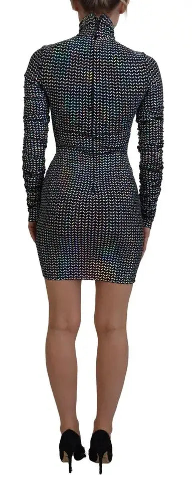 Dolce & gabbana robe mini moulante en nylon noire embellie avec motif chevrons irisé noir et blanc manches longues col haut